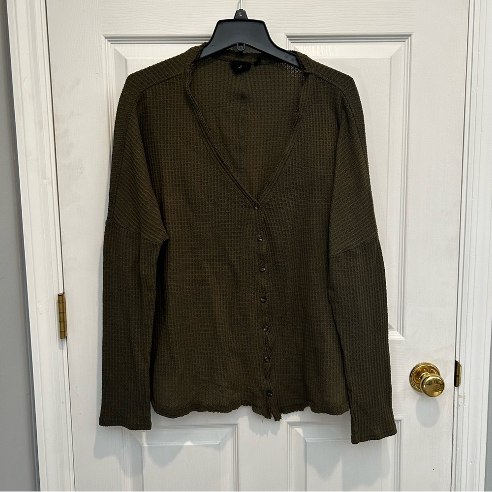 Urban Outfitters Olive Green Button Front Flowy Waffle Top